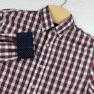 Nick Graham‎ Modern Fit Shirt Mens M Red White Blue Plaid Flip Cuff Patriotic